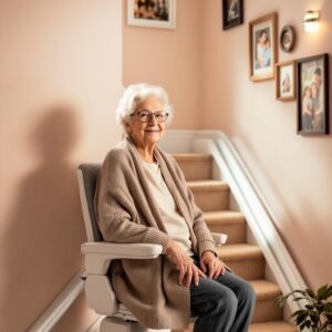 Eine Glückliche Seniorin auf ihre neuen Treppenlift. 